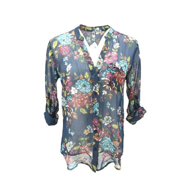 Kut From The Kloth Women's Semi Sheer Floral Print Button Down Shirt Sz SM Blue - Picture 2 of 6